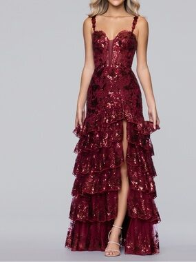 Blondie Nites Burgundy Sequin Ruffled Prom Gown